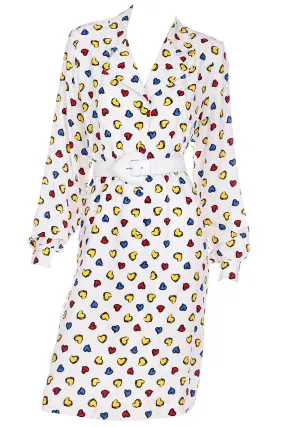 1990s Vintage Lihli Ivory Silk Dress w Colorful Drawn Hearts