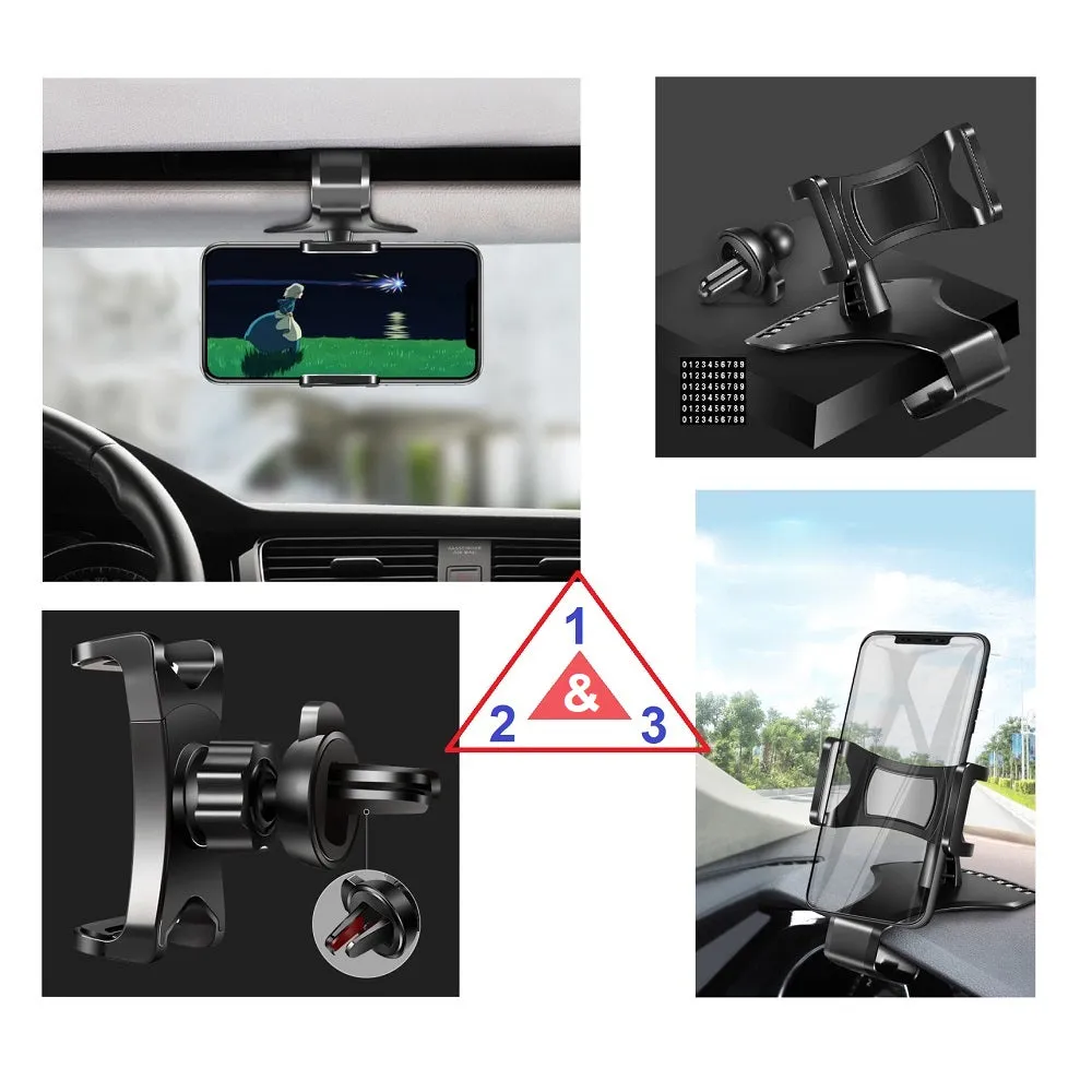 3 in 1 Car GPS Smartphone Holder: Dashboard / Visor Clamp   AC Grid Clip for WIKO SUNNY 3 (2018) - Black