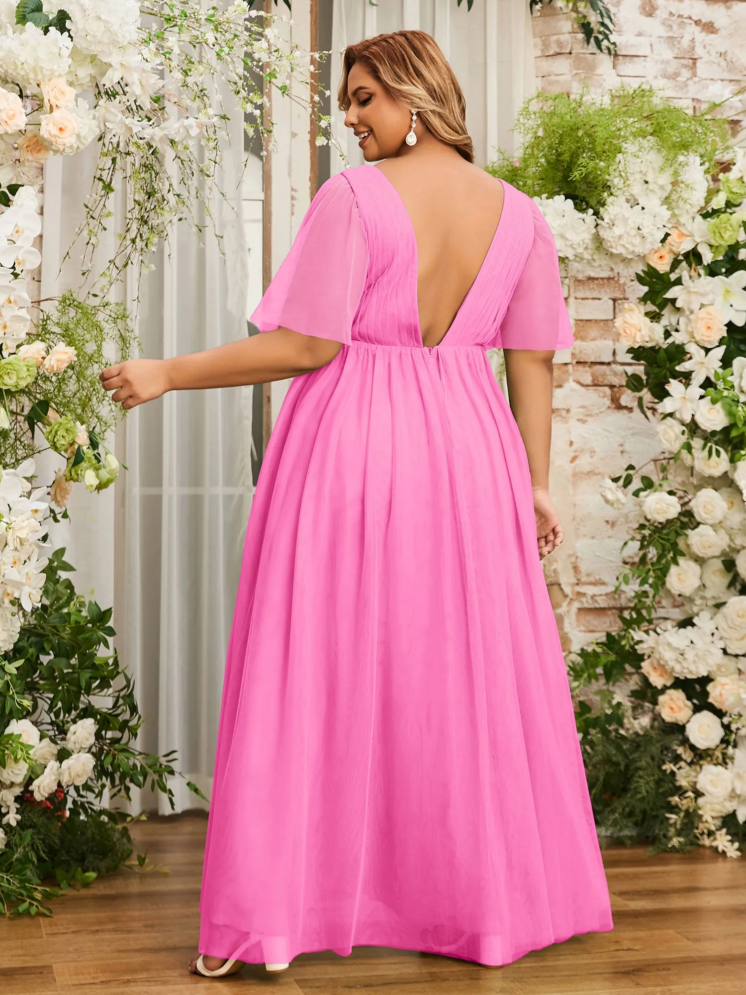 A-line V-neck Tulle Max Dresses with Deep-V Back-Azalea Plus Size