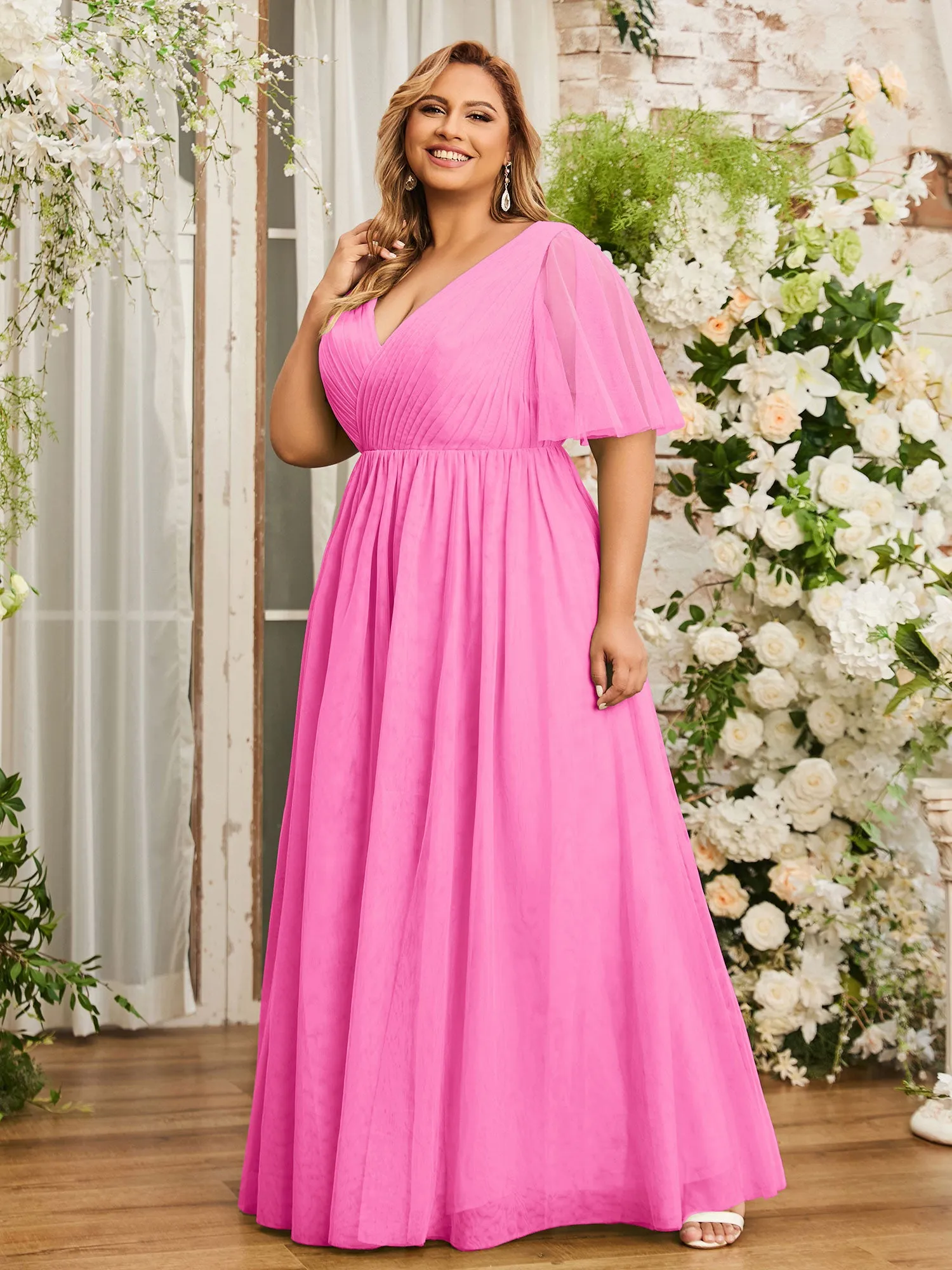 A-line V-neck Tulle Max Dresses with Deep-V Back-Azalea Plus Size