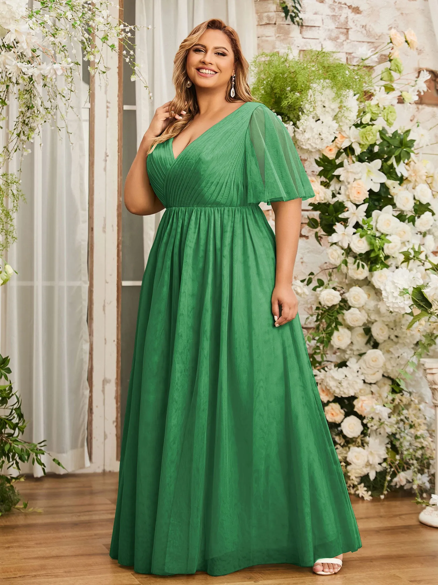A-line V-neck Tulle Max Dresses with Deep-V Back-Emerald Plus Size