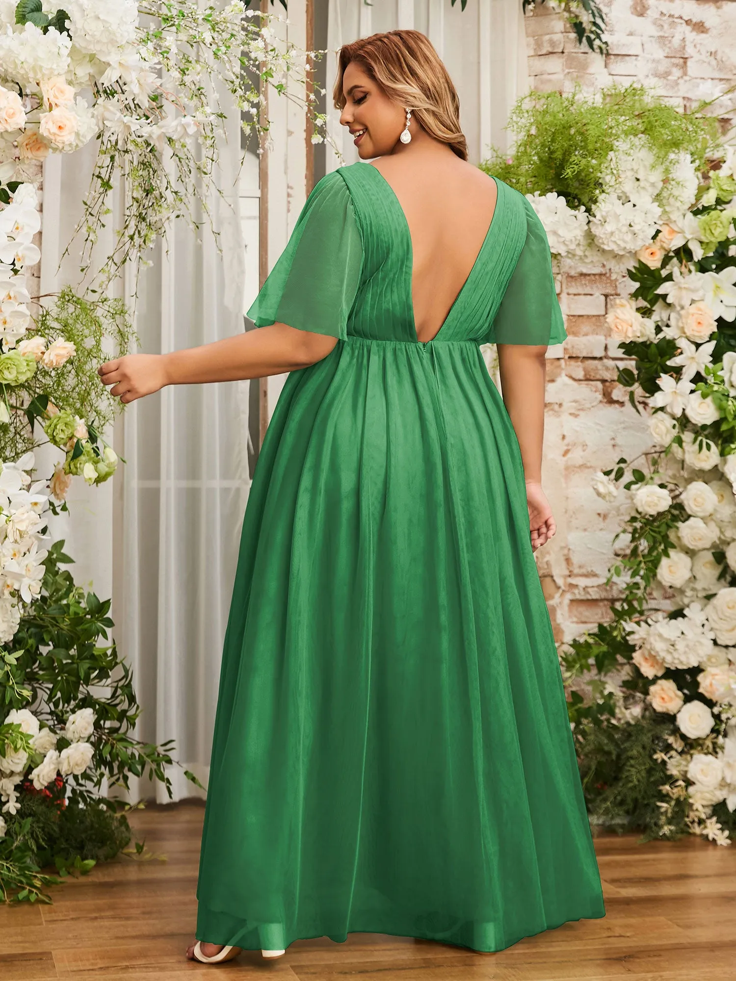 A-line V-neck Tulle Max Dresses with Deep-V Back-Emerald Plus Size