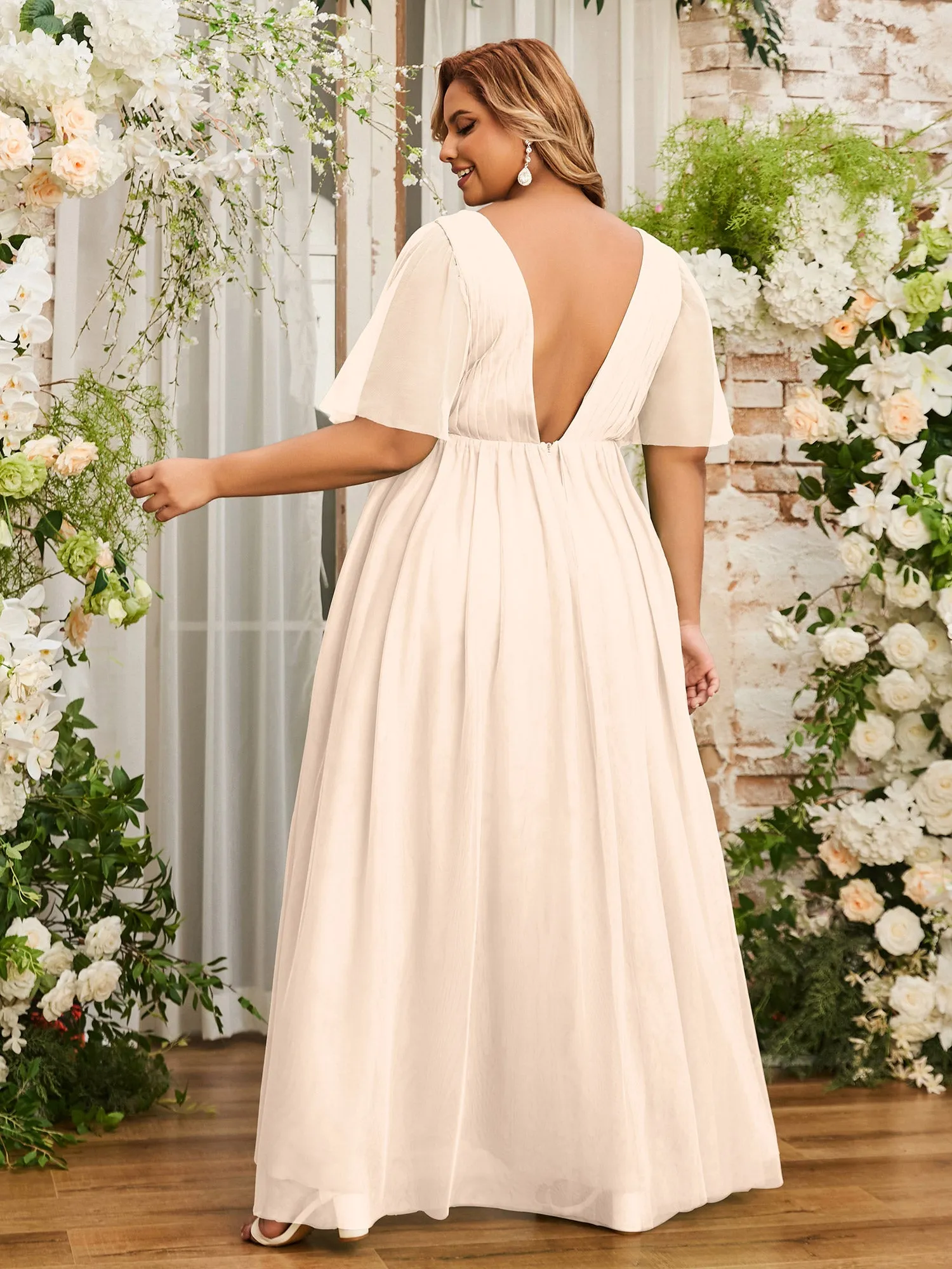 A-line V-neck Tulle Max Dresses with Deep-V Back-Peach Plus Size