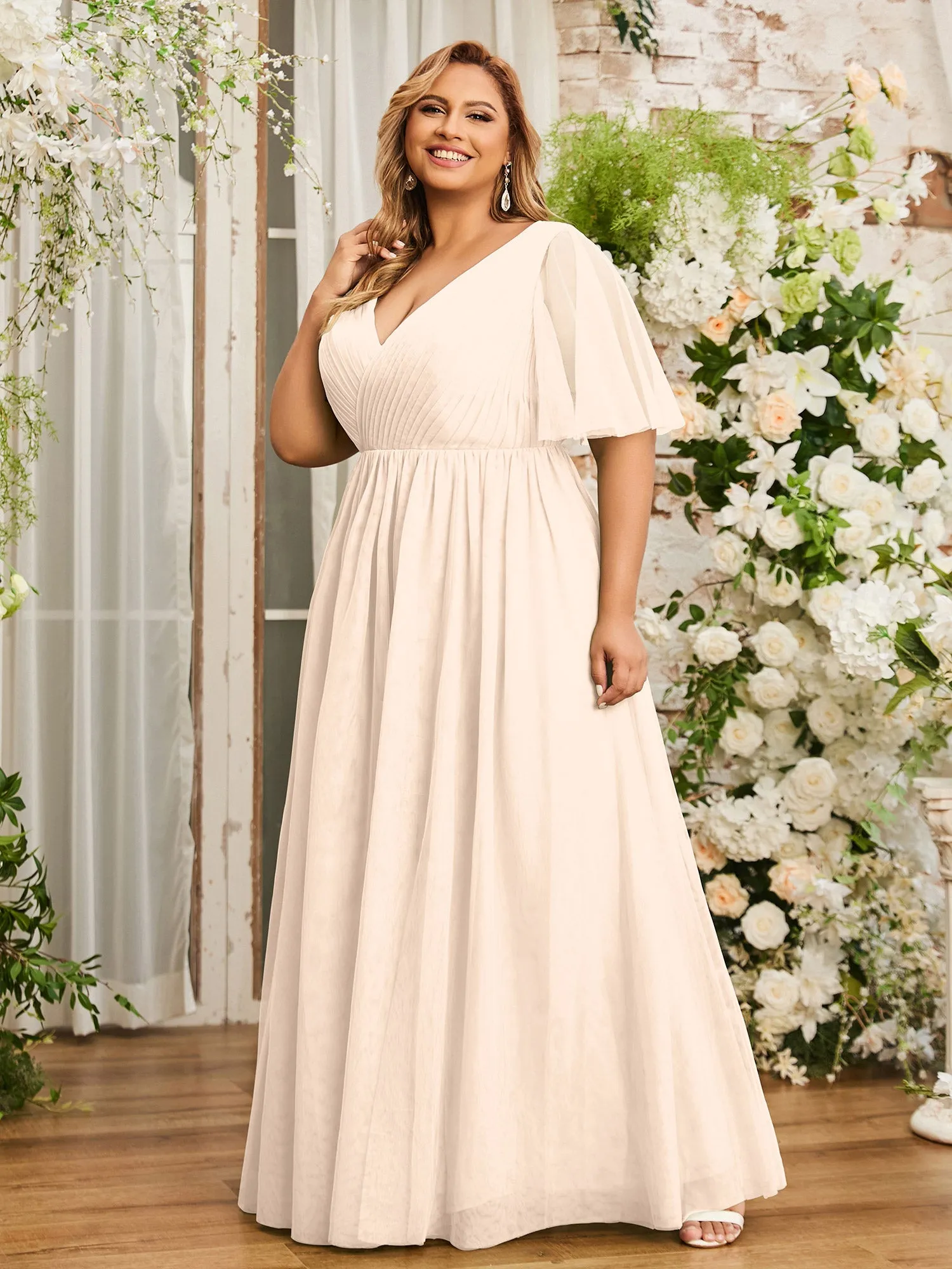 A-line V-neck Tulle Max Dresses with Deep-V Back-Peach Plus Size