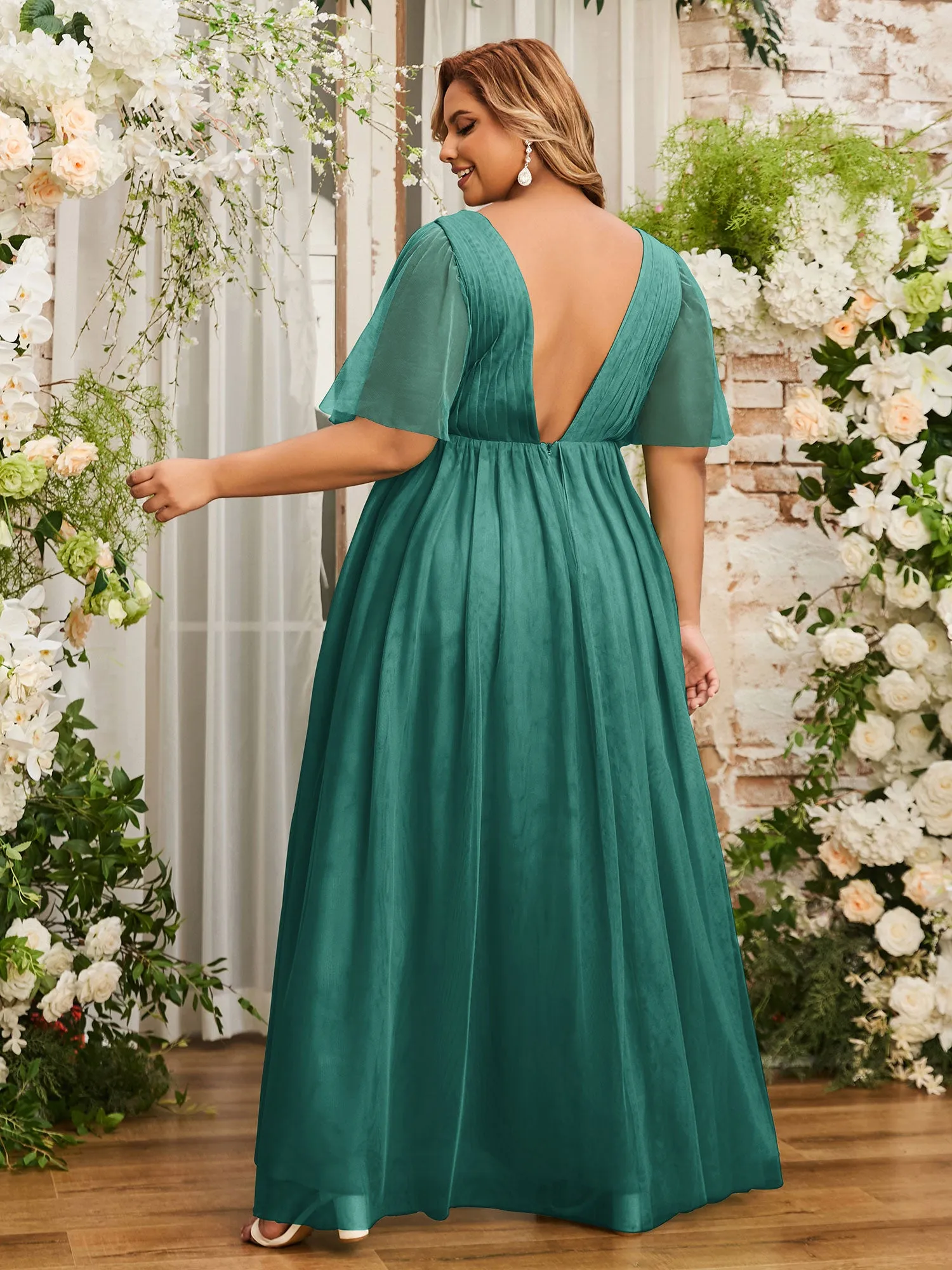 A-line V-neck Tulle Max Dresses with Deep-V Back-Peacock Plus Size