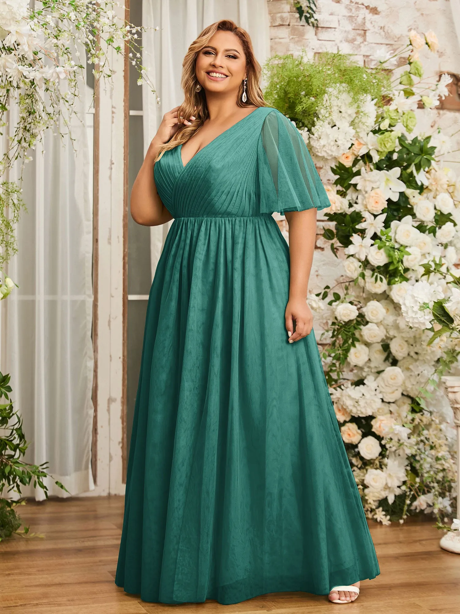 A-line V-neck Tulle Max Dresses with Deep-V Back-Peacock Plus Size