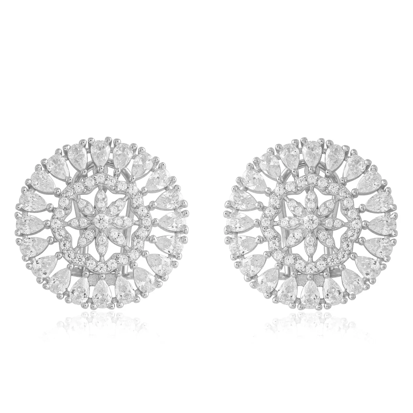 CZ Flower Center CZ Pear Halo Round Studs in White Gold
