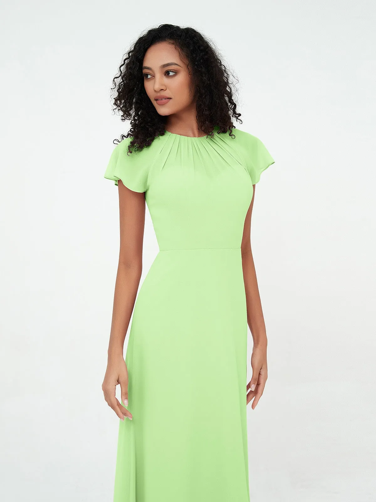 Illusion Neckline Chiffon Dresses with Cap Sleeves-Sage Plus Size