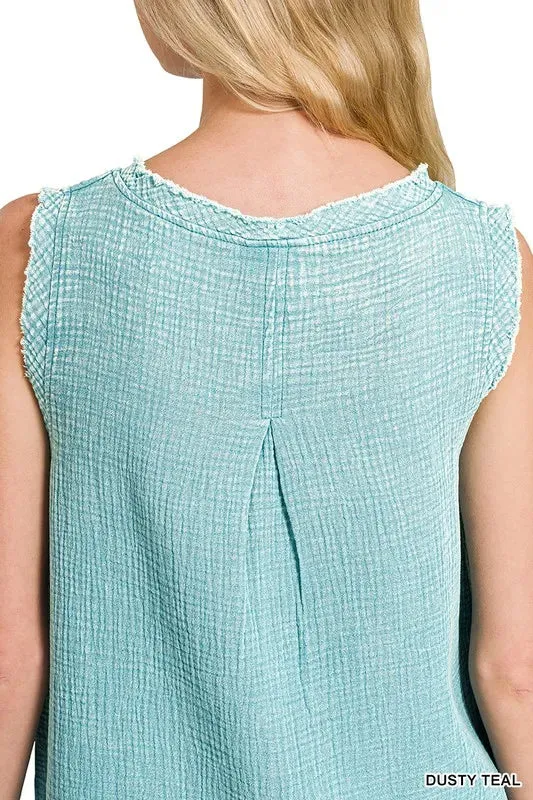 ONLINE EXCLUSIVE Zenana Double Gauze Raw Edge Acid Washed Tank