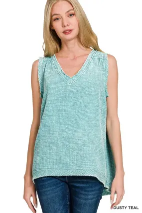 ONLINE EXCLUSIVE Zenana Double Gauze Raw Edge Acid Washed Tank