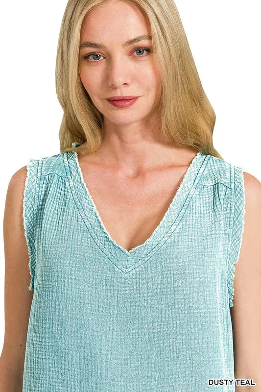 ONLINE EXCLUSIVE Zenana Double Gauze Raw Edge Acid Washed Tank