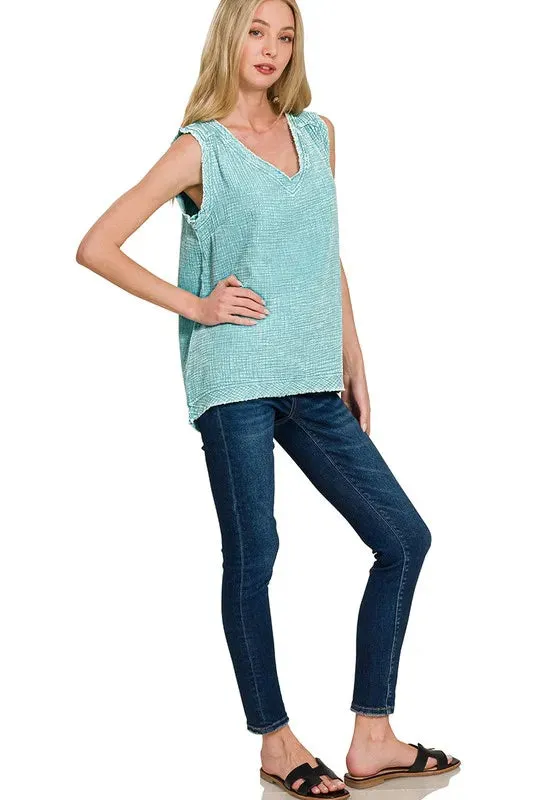 ONLINE EXCLUSIVE Zenana Double Gauze Raw Edge Acid Washed Tank
