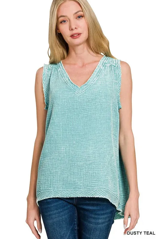 ONLINE EXCLUSIVE Zenana Double Gauze Raw Edge Acid Washed Tank