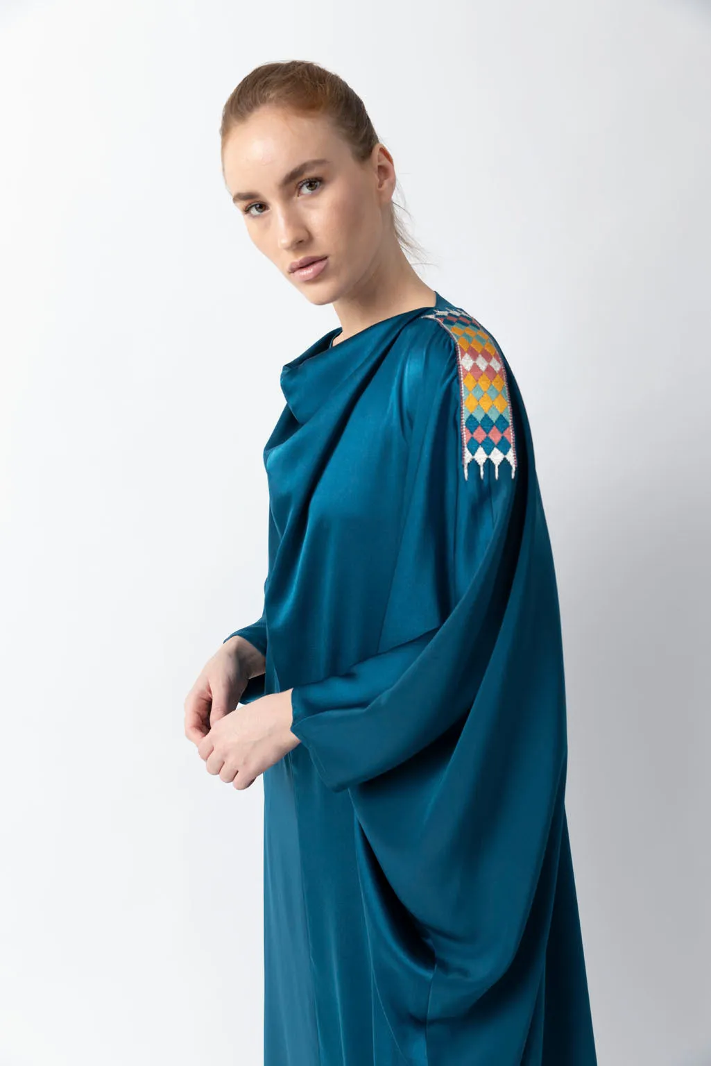 Sadu Art Inspired Embroidery Yale Blue Pure Silk Abaya WV2221
