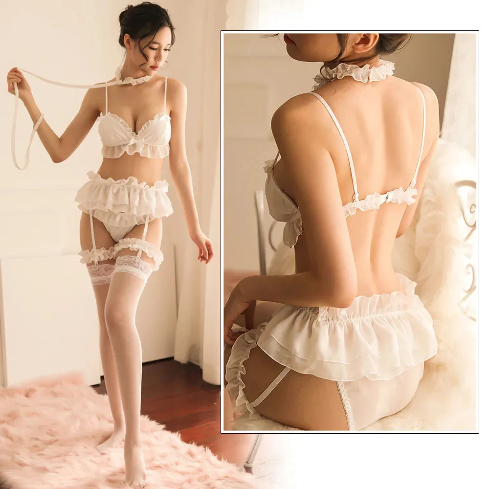 Sexy Lingerie Costume Chiffon Ruffle Strappy Outfit with Choker